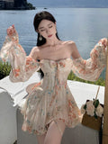Nukty Vintage Floral Print Womens Dresses Elegant Slash Neck Flare Long Sleeves Princess Birthday Party Mini Dress A-Line Chiffon Robe