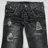 Nukty Y2K Washed Jeans Gothic Retro Micro Flared Double Waisted Lace Up Pants Men Women Streetwear High Quality Design Sense Trousers
