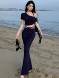Nukty Elegant Solid Skirt Suits New Fashion Diagonal Collar Short Top + Slim Waist Long Skirt Womens Two Pieces Set Female Clothing