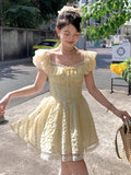 Nukty French Elegant Y2K New Preppy Style Mini Dress Sweet Yellow Lace Puff Sleeves Square-Collar A-Line Slim Wasit Woman Dresses