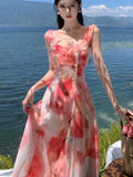 Nukty Women Sweet Pink Floral Elegant Sleeveless Ruffled Edges Slip Dresses Summer Romantic Bohemian Sexy Birthday Evening Party Dress