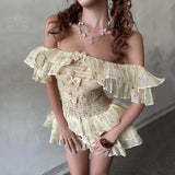 Nukty Off Shoulder Sexy Floral Print Mesh Bow Fashion A-line Bodycon Pleated Mini Dress Summer New Sweet Cute Party Vestidos