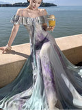 Nukty Summer Print Fairy Slash-Neck Ruffles Chiffon Long Dress Elegant French Romantic Princess Slim Wasit Sling Dresses Robe