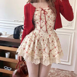 Nukty Y2K Sweet Floral Dress Set Woman Casual Red Short Cardigan Elegant Lace Mini Dress Female Korean Prairie Chic Clothing Suit
