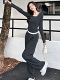 Nukty Y2K High Street Two Piece Set Tracksuit Women Long Sleeve Top Drawstring Wide Leg Pants Korean Fashion Solid Slim Casual Outfits