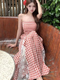 Nukty French Plaid Spliced Lace Strapless Dress Women's Spring Summer New Retro Waist Hugging Design Niche Long  Vestidos New