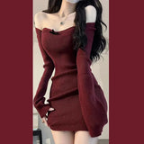 Nukty Girls Sexy Knitted Dress Square Collar Christmas Red Knitted Skirt Autumn and Winter Underlay Skirt Knitted Wrap Hip Skirt