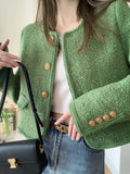 Nukty Women Green Tweed Cropped Jackets O Neck Long Sleeve Office Lady Short Coats Female Autumn Winter Korean Fashion Jackets Outwear