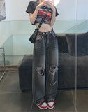 Nukty High Waist Wide Leg Jeans Women's Loose Fit Ripped Straight Cut Denim Pants plus Size Street Sle Summer Trend k Wa