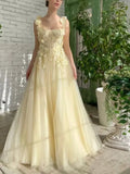 Nukty Yellow Floral Prom Dresses Lace Applique Tulle with Belt Spaghetti Strap Long Sweep Train Graduation Homecoming Evening Gowns