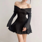 Nukty Elegant Flare Long Sleeve Twist Knot Mini Dresses Sexy Low-cut Off Shoulder Dress Y2K Aesthetic Agaric Edge Vestido