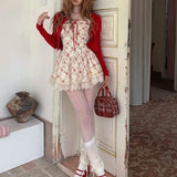 Nukty Y2K Sweet Floral Dress Set Woman Casual Red Short Cardigan Elegant Lace Mini Dress Female Korean Prairie Chic Clothing Suit
