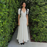 Nukty Elegant Temperament Bow Summer Casual Maxi Dresses V-Neck Y2K Slim Fit Long Dress Evening Party Office Holiday Vestidos