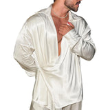 Nukty Men's Fall Shiny Satin Shirt Solid Color Long Sleeve Lapel V-Neck Wrap Loose Fit Tops