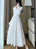 Nukty Vintage Elegant Solid Knitted Midi Dresses Women Korean Casual Long Sleeve Slim A-Line Black Birthday Party Robe Autumn Clothing