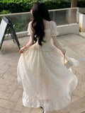 Nukty Elegant Korean Floral Ruffles Fairy Dress Vintage Court Style ShorteSleeve Princess Party Dresses Sweet Slim Waist Vestidos New