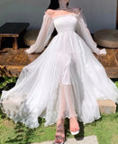 Nukty Elegant Maxi Dresses For Women White Off Shoulder Puff Long Sleeve Elastic High Waist Party Gown Ruffle Holiday Dress