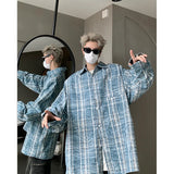 Nukty Autumn Fashion Men Women Plaid Shirts Oversize Button Up Long Sleeve Tops Korean Loose Casual Outwear Couples Shirt Pink/Blue
