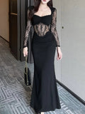 Nukty Sexy Splicing Lace Fishbone Dresses Women Elegant Patchwork Evening Party Dress Fashion Temperament Female Black Vestido Mujer