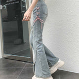 Nukty American Split Jeans Women Pink Bandage High Waist Irregular Spliced Denim Pants Zipper Fly Trousers Y2k Pantalon Femme