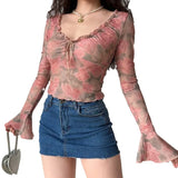 Nukty Women'S Spring Summer Mesh Tops Long Flared Sleeve V Neck Ruffled Lace Up Slim Blouses Rose Printed Floral Korean Shirts Retro