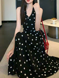 Nukty Dot Chic Retro Elegant French Style Polka Sling Dresses Bow Backless Slim Waist Halter-neck Split Dress Spring Summer New