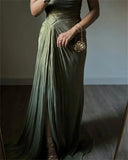 Nukty beautiful Elegant Green Long Evening Dresses One Shoulder Pleats Prom Gowns Celebrity Dresses Satin Formal Occasion P