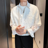Nukty Summer Fashion White Mesh Shirt  Men Transparent Printing Casual Loose Long Sleeve Tops Streetwear Lapel Party Clubwear Tops