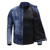 Nukty New Motorcycle Denim Jacket Men Retro Zippers Stand Collar Denim Coats Mens Cotton Slim Fit Denim Jacket Moto Biker Outerwear