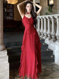 Nukty Vintage Red Ruffles Party Dress for Women French Style Elegant Wedding Evening Dresses Summer Female Prom Slim A-Line Vestidos