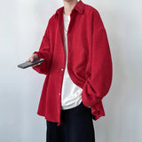 Nukty Pineapple Velvet Men's Casual Long Sleeve Button Shirt Coat Outwear Autumn Turn Down Collar Oversize Shirts Red/Black/Dark Gray