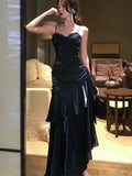 Nukty Vintage Blue Elegant Sexy Backless Ruffles Long Dresses French  Pleated Slip Sleeveless Vestidos Birthday Evening Party Dress