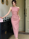 Nukty Elegant Solid Bodycon Evening Party Dresses Fashion Diagonal Collar Off Shoulder Prom Vestidos Summer Korean Female Clothing New