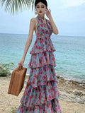 Nukty Summer  Floral Neck Halter Dresses Women New French High Waisted Cake Dress Beautiful Romantic Flowers Vestido