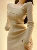 Nukty Korean Style Mini Knitted One-piece Dress Women Coquette Sexy Long Sleeve Tunic Cabaret Dresses Khaki Winter Clothes