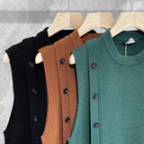 Nukty Men's Luxury Knitted Pullover Sweater Vest Casual Streetwear Button Solid Color O Neck Sleeveless Loose Stylish Vintage Knitwear