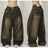 Nukty New American Harajuku Retro Straight High Waist Y2K Street Style Women Washed Blue Pockets Baggy Jeans Gothic Wide Pants