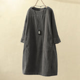 Nukty Women Vintage Pockets Corduroy Solid Color Long Sleeve Loose Casual Dress vestido feminino party dresses Women's dress