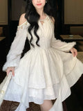 Nukty Elegant Off Shoulder Halter Ruffles Mini Dress Women Autumn Solid Fairy Long Sleeve A-Line Pleated Vestidos Mujer Korean Clothes