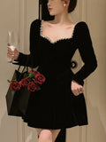Nukty French Velvet Party Dress for Women Elegant Long Sleeve A-Line Vestidos Robe Female One Piece Mini Birthday Evening Dresses New
