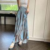 Nukty Boho Vintage Long Skirts for Women Tie Dye Printed A-line Female Elegant Skirt Ladies Holiday Mid-length Maxi Skirt