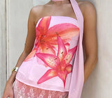 Nukty Holiday Floral Print Tube Top with Scarf Fairycore y2k Strapless Cropped Tops Women Summer Casual Vest Elegant Aesthetic