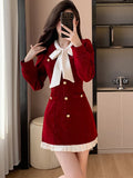Nukty DRESS TO IMPRESS Women Red Velvet Chic Bow Y2k Mini Dress Autumn Winter Elegant Ruffled Birthday Dress Korean Vintage Luxury Evening Dresses