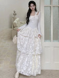 Nukty Elegant Fairy Womens Dresses Knitted Patchwork Flare Sleeves Princess Cake Long Dress Autumn Party Prom A-Line Vestidos Robe New