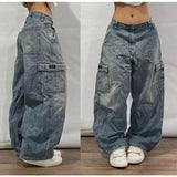 Nukty New American Harajuku Retro Straight High Waist Y2K Street Style Women Washed Blue Pockets Baggy Jeans Gothic Wide Pants