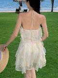 Nukty Summer Halter Mini Dress for Women French Style Off Shoulder Backless Ruffles Princess Birthday Party Dresses Slim Vestidos New