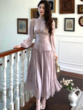 Nukty Elegant Chic French Pleated Solid Dresses New Puff Sleeves Slim Wasit Midi Women's Dresses Party Prom Female Clothes Mujer
