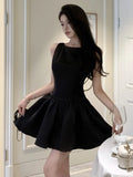 Nukty Sweet Black Backless Mini Dress French Sexy Chic Sleeveless Evening Party Dresses High Waist Pleated A-Line Short Vestidos Gown