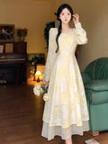 Nukty Autumn Elegant Princess Midi Dresses for Women Vintage Square Collar Long Sleeve Floral A-line Korean Fashion One Piece Vestido