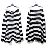 Nukty New Punk Gothic Long Unisex Sweater Summer Women Striped Cool Hollow Out Hole Broken Jumper Loose Rock Thin Dark Streetwear Top